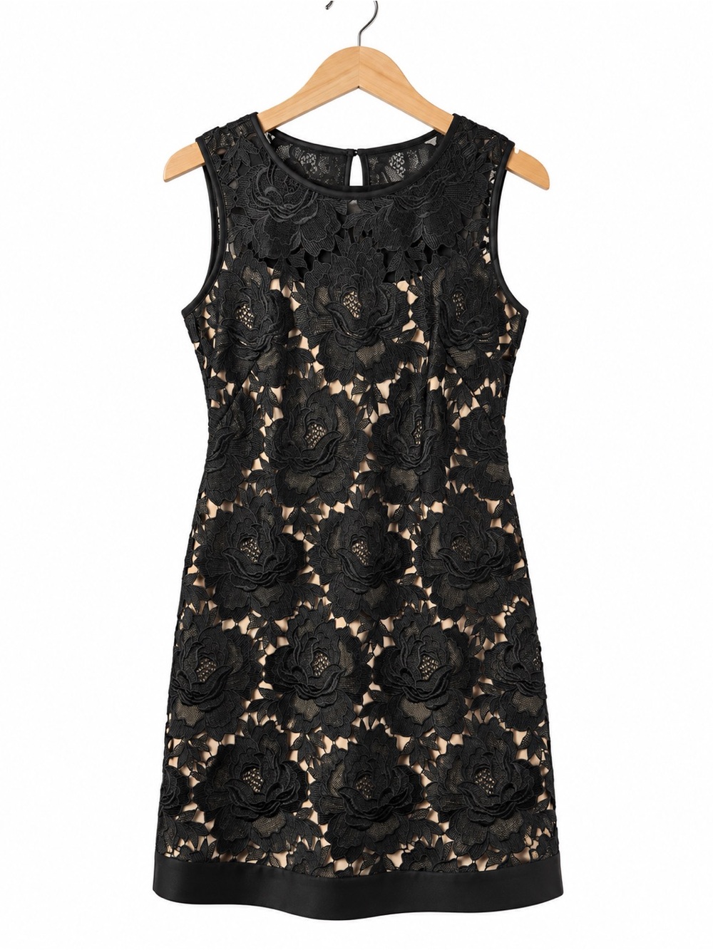 White House Black Market Black Lace Sheath Dress Nude Lined Size 10 Midi Classic